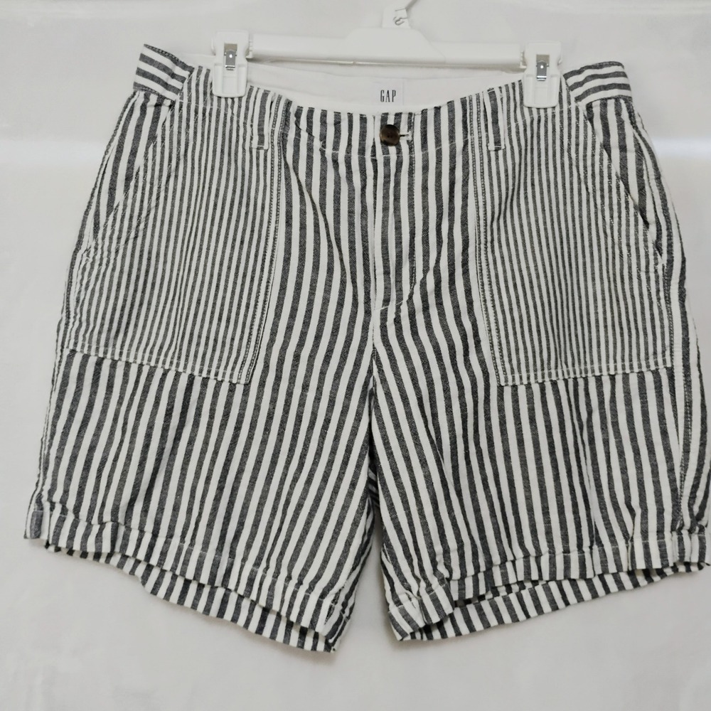 Gap Girlfriend Chino Size 10 Shorts Navy Gray White Striped Linen Blend V‎